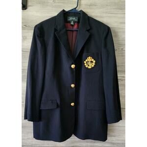 VTG Women's Lauren Ralph Lauren Suit Jacket Size 16 Navy Blue Gold Crown Crest L
